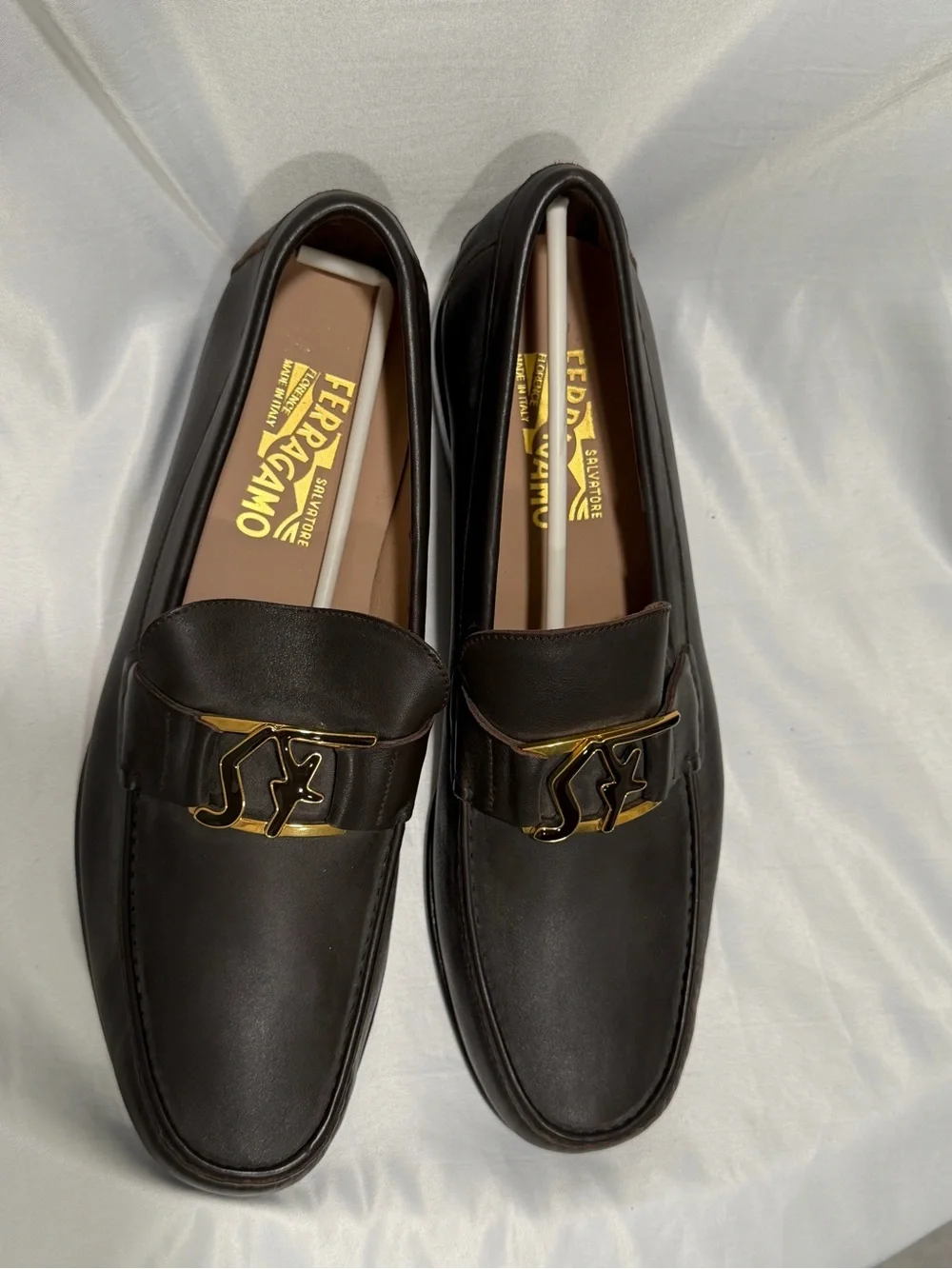 Salvatore Ferragamo Brown Leather Loafers with Gold Logo Hardware
